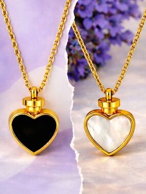 18K Gold Plated Stainless Steel Reversible Heart Necklace Black White Dainty
